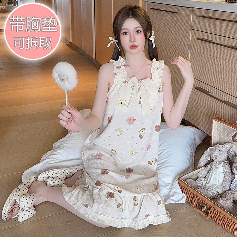 Pijama de algodón burbuja mujer verano dulce con cojín en el pecho honda camisón largo talla 200 kg ropa de hogar ropa exterior