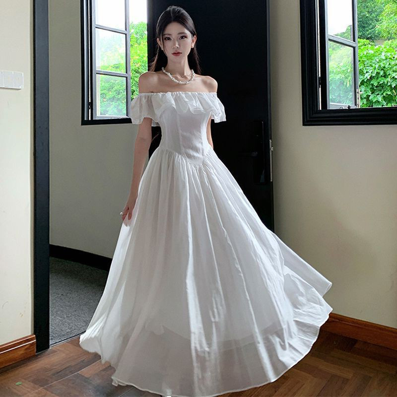 White Dress for Women Summer 2025 New Long Waist Square Collar Ruffled One Shoulder Flying Sleeves A-Line Skirt