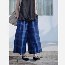 日本潮牌  蓝格子棉麻直筒阔腿八分裤
