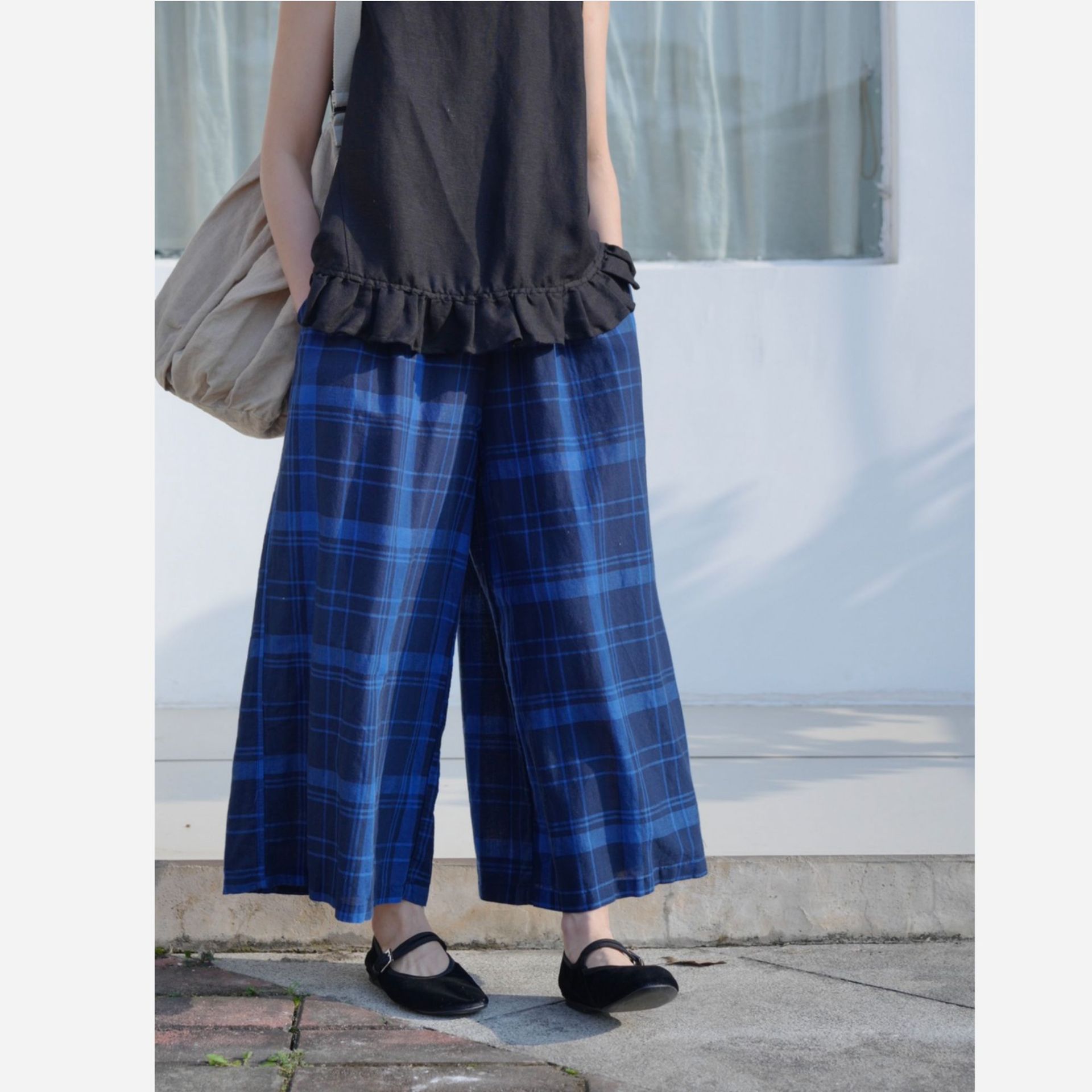 日本潮牌  蓝格子棉麻直筒阔腿八分裤