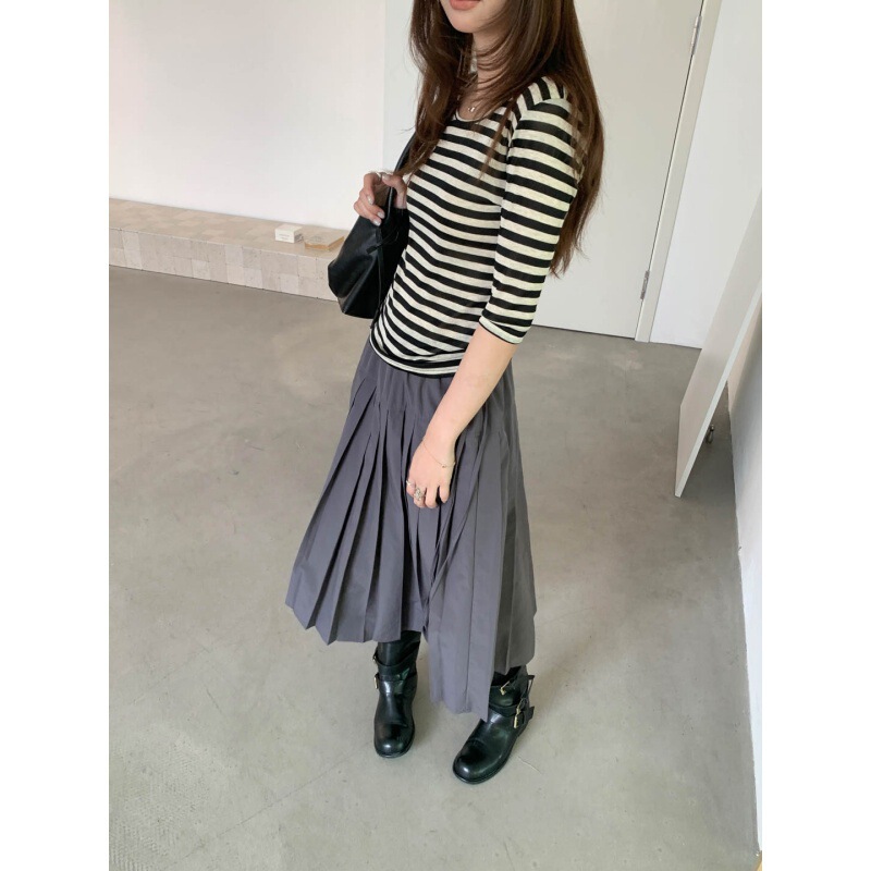 Gagd Oxygen-Infused Style~Tencel Australian Wool Striped Mid-Sleeve T-Shirt, Thin Slim-Fit Slimming Half-Sleeve Top Gagd Oxygen-Infused Style~Tencel Australian Wool Striped Mid-Sleeve T-Shirt, Thin Slim-Fit Slimming Half-Sleeve Top