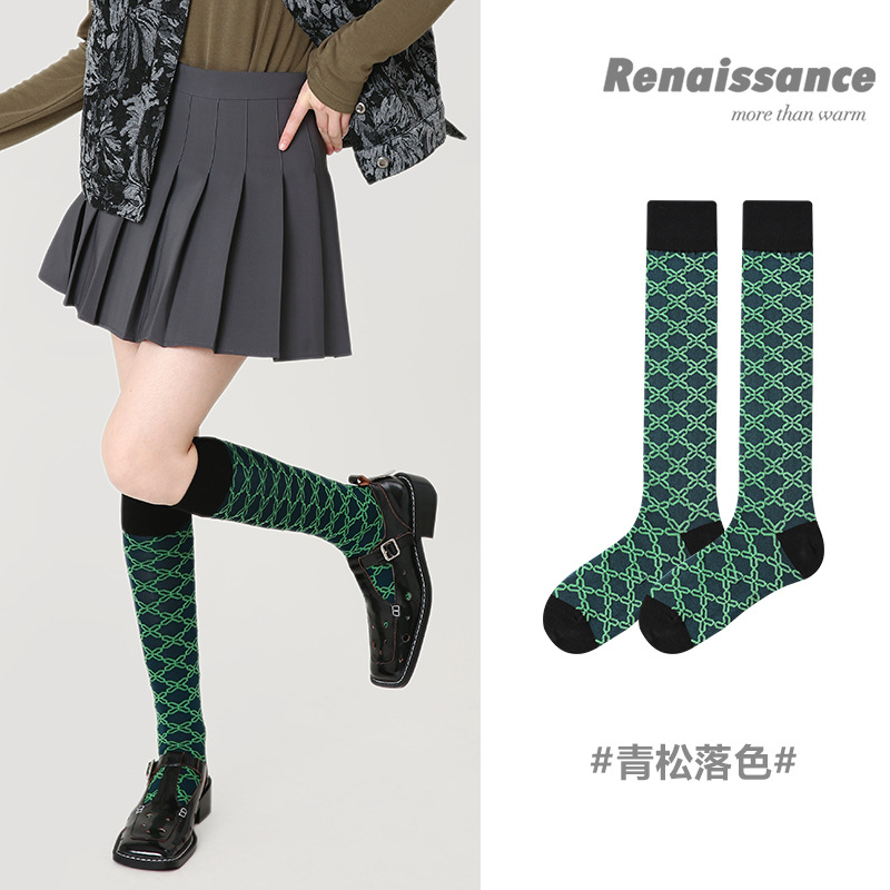 Renaissance Spring And Summer Women's Socks,Retro Mid-length Socks,Embossed Rhombus Calf Socks,Slim Knee-high Socks For Women