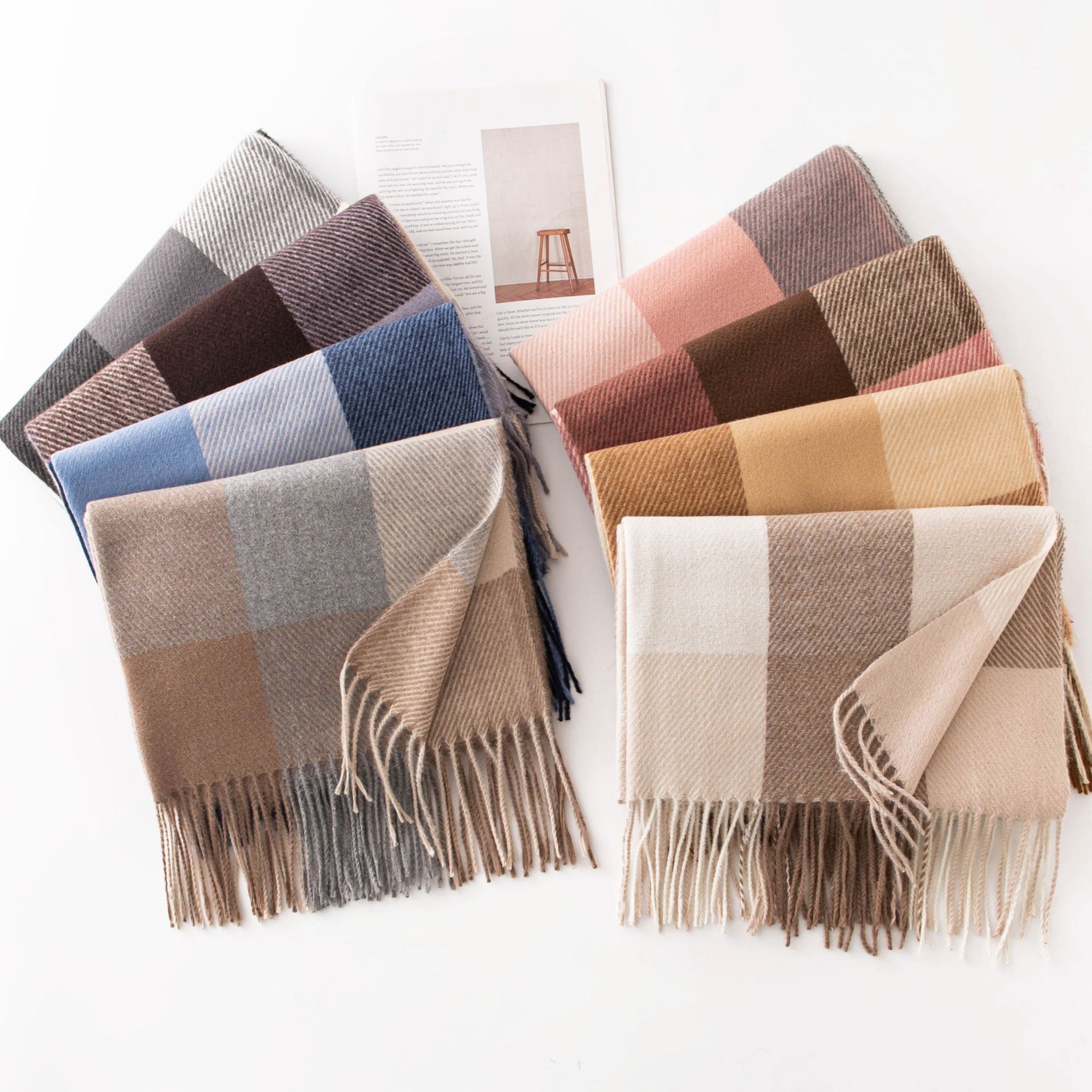 New Winter Plaid Scarf with Printed Tassels, Faux Cashmere Scarf, Fashionable and Sweet Shawl, Medium-Length Thick Warm Neck Scarf