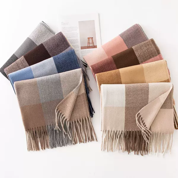New Winter Plaid Scarf with Printed Tassels, Faux Cashmere Scarf, Fashionable and Sweet Shawl, Medium-Length Thick Warm Neck Scarf