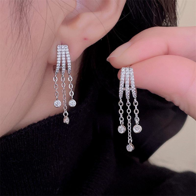 Light Luxury Zircon Three-row Tassel Earrings Sophisticated_voghion.com