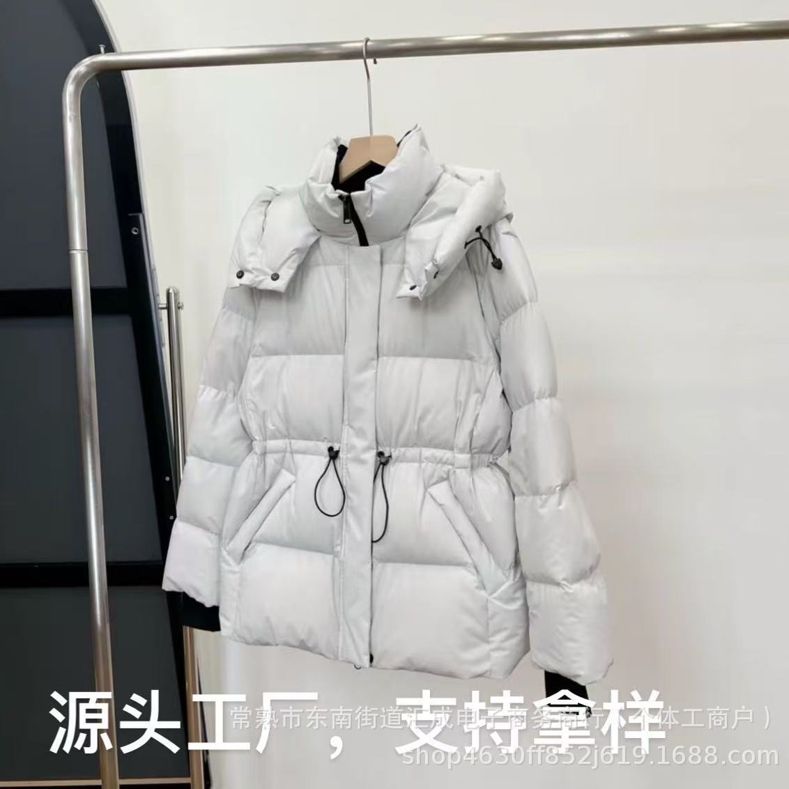 Cross-Border 90 White Goose down Drawstring Waist Slimming Look Hooded Goose down Jacket Women's Mid-Length