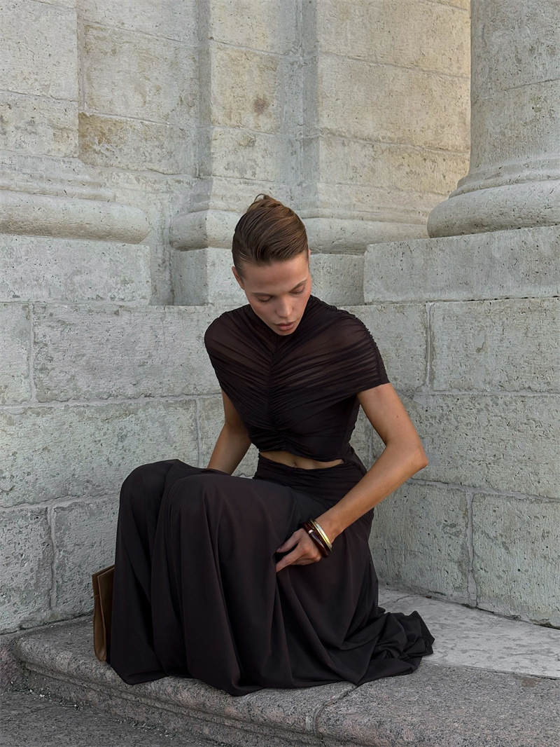 Women's Sexy Hollow Out Short Sleeve Mock Neck Ruched High Waist Floor Length Maxi Dress – Trendy Club Gown_ecoleips.com