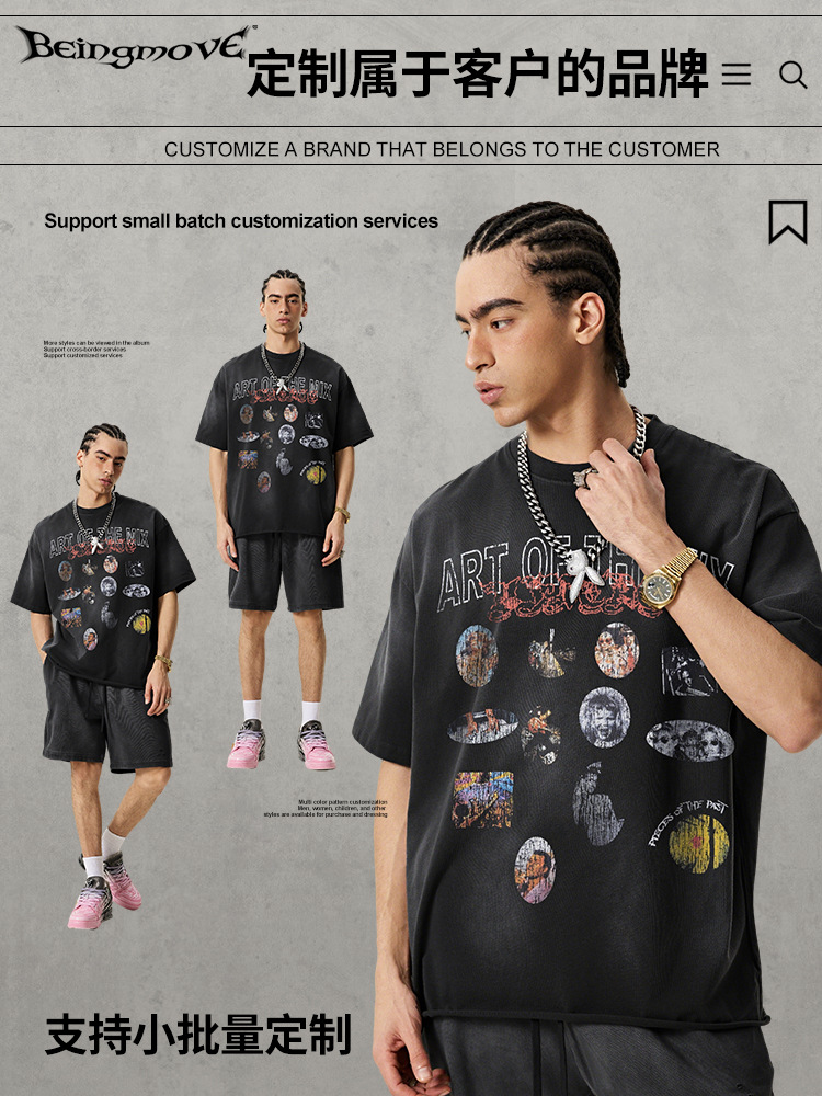 Calle secada| 2026 nuevo estilo americano High Street retro hacer vieja camiseta lavada empalme impresión de pulverización de caballo camiseta de manga corta para hombres
