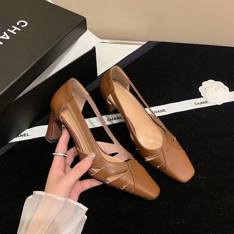 Giày cao gót nữ da thật mũi vuông nhỏ, gót cao 9 cm, phong cách thời trang xuân hè — màu nâu, màu trắng ngà chi tiết 68