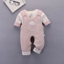 婴幼儿女宝宝薄棉背带裤两件套冬款新生儿宝宝棉衣开裆衣服套装潮