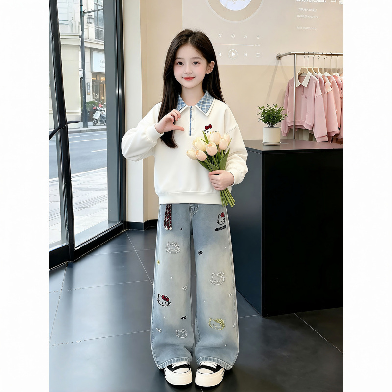 Autumn outfit for girls, 2026 new collection, Korean-style top and sweatshirt for older girls, casual autumn wear, stylish denim pants