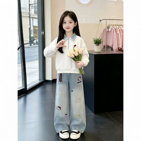 Autumn outfit for girls, 2026 new collection, Korean-style top and sweatshirt for older girls, casual autumn wear, stylish denim pants