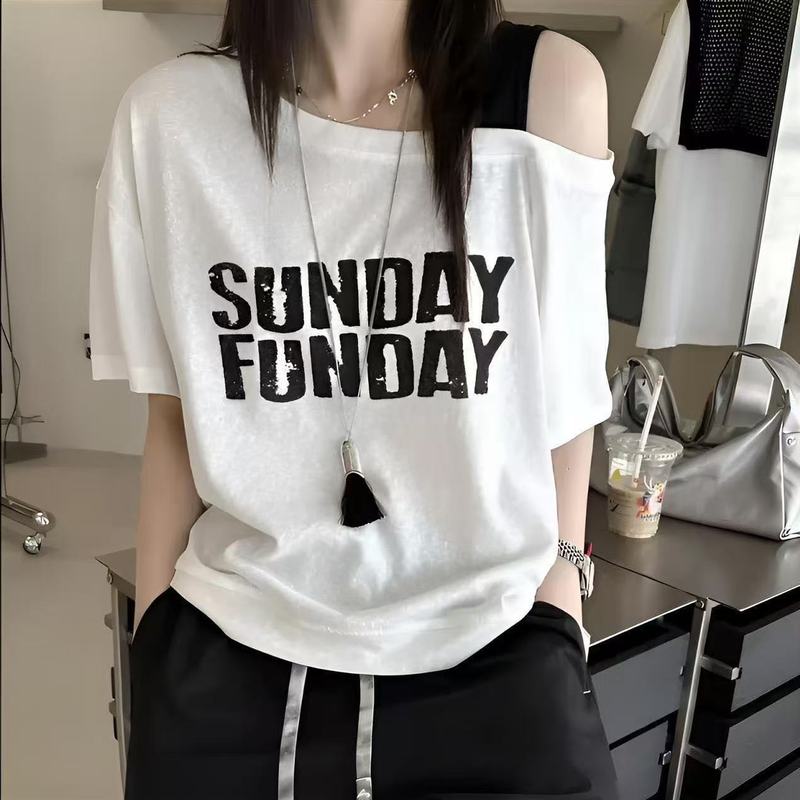 2025夏 オフショルダーサスペンダー コントラストレターカジュアルプリント半袖Tシャツ おしゃれ ゆったり 着痩せ 万能韓国版|undefined