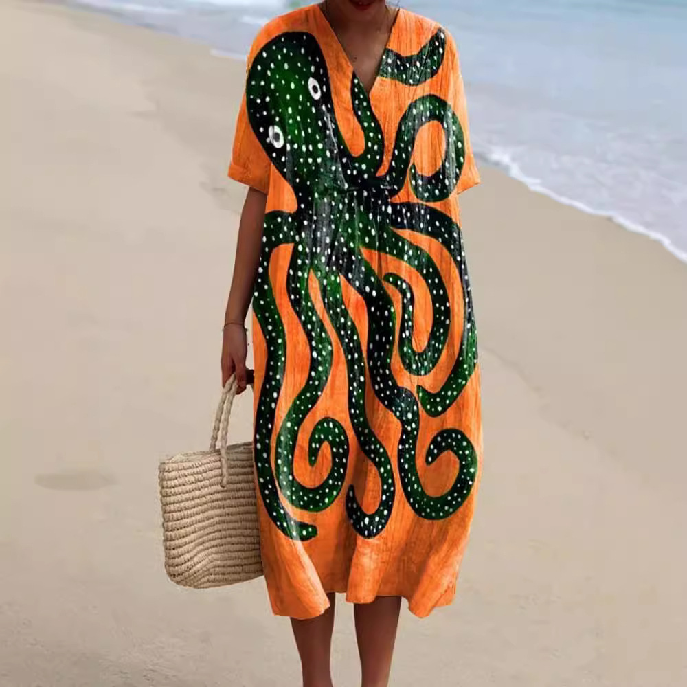 Plus Size Women's Shirt Pocket Short Sleeve Dress Marine Element Fish Resort Style Dress_ecoleips.com