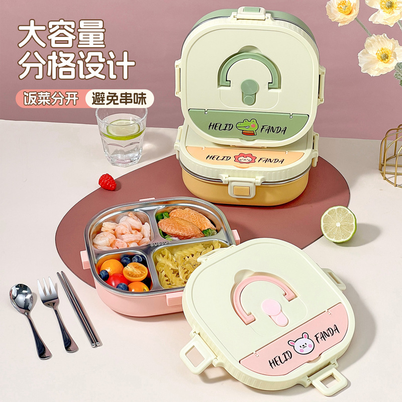 Special Lunch Box for Primary School Students Cartoon 304 Stainless Steel Compartmented Dinner Plate Portable Canteen Square Lunch Box
