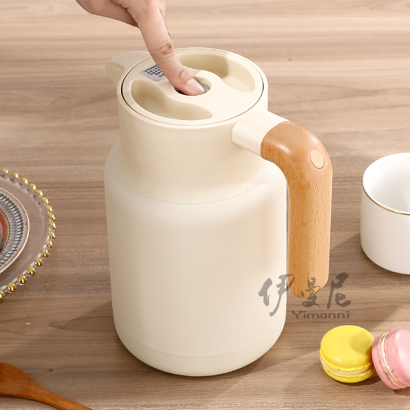 Imani304 Stainless Steel Thermos Kettle With Wooden Handle Vacuum Double-layer Hot Water Kettle Household Japanese-style Thermos Press Type