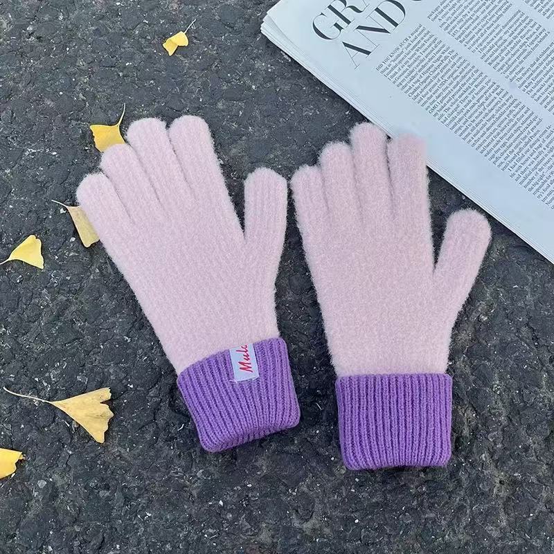 多巴胺拼接冬季保暖手套新款露指触屏女韩版百搭骑行秋冬防寒手套|undefined