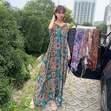 波西米亚风拖地长裙棉绸复古印花时尚吊带裙夏季百搭休闲连衣裙