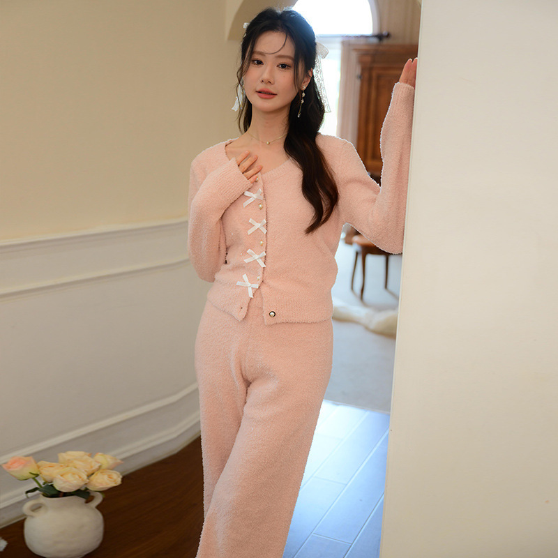 法式睡衣女新款2025秋冬双面绒加绒加厚保暖圆领开衫家居服可外穿|undefined