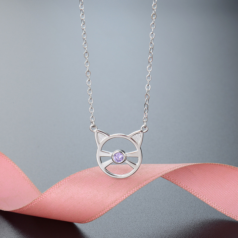 Design Cat Face Pendant S925 Sterling Silver Zircon Clavicle Chain display picture 4