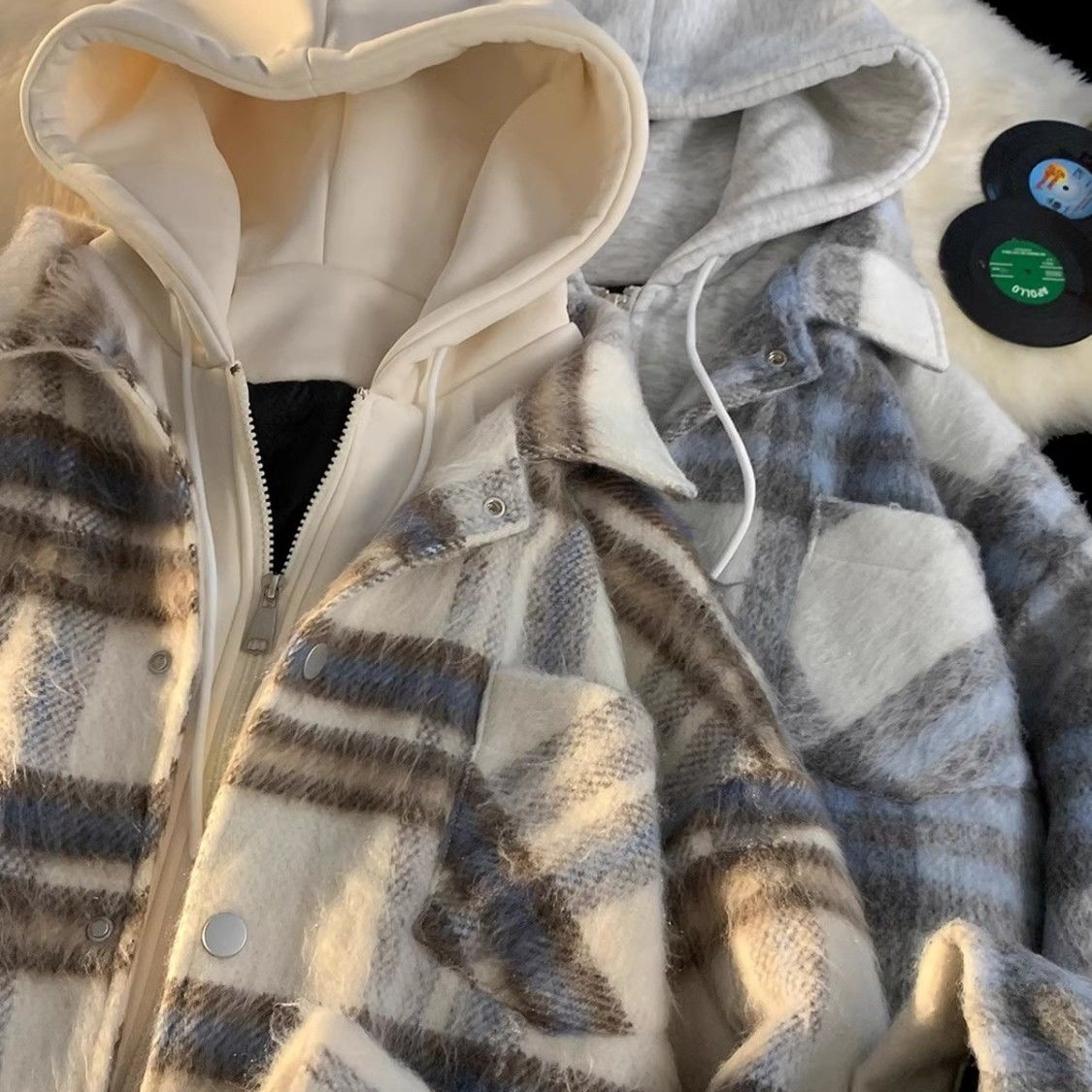 假两件棉服格子外套男秋冬季2025新款美式小香风情侣连帽棉衣夹克