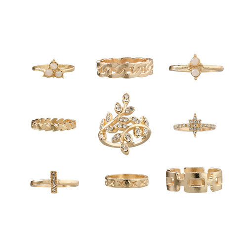 XP17 Foreign trade cross-border retro popular ring set Bomisian fashion Ring geometric metal diamond set for women