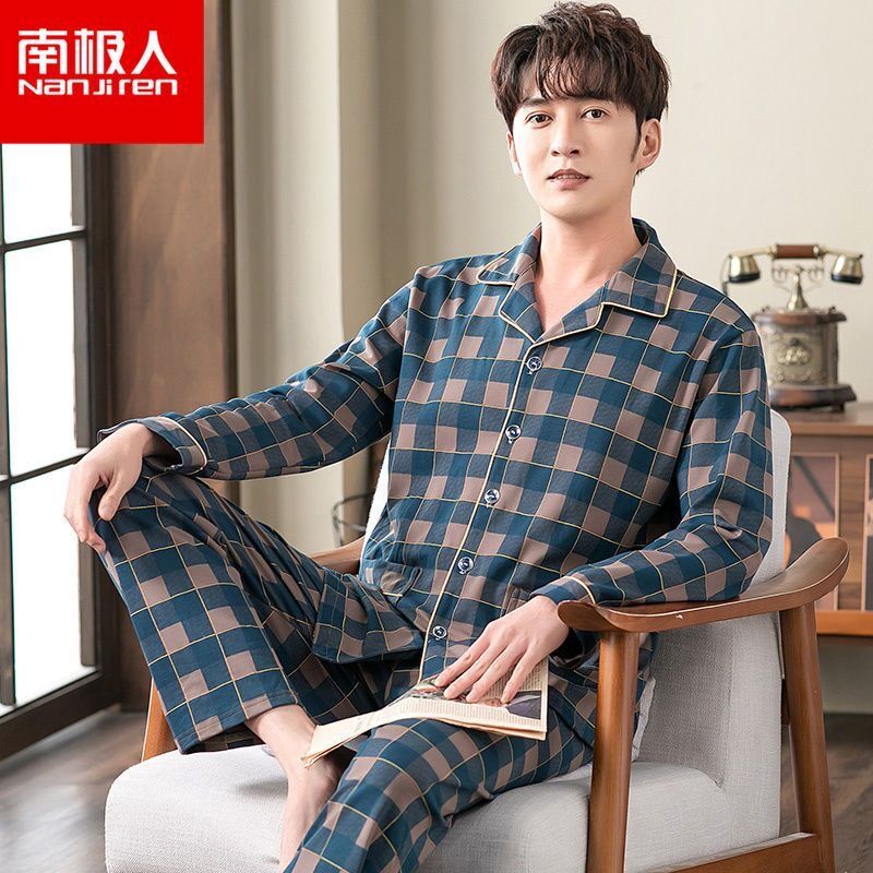 Pijamas de algodón de manga larga de los hombres primavera y otoño Four Seasons algodón delgado más tamaño ropa de abrigo ropa para el hogar