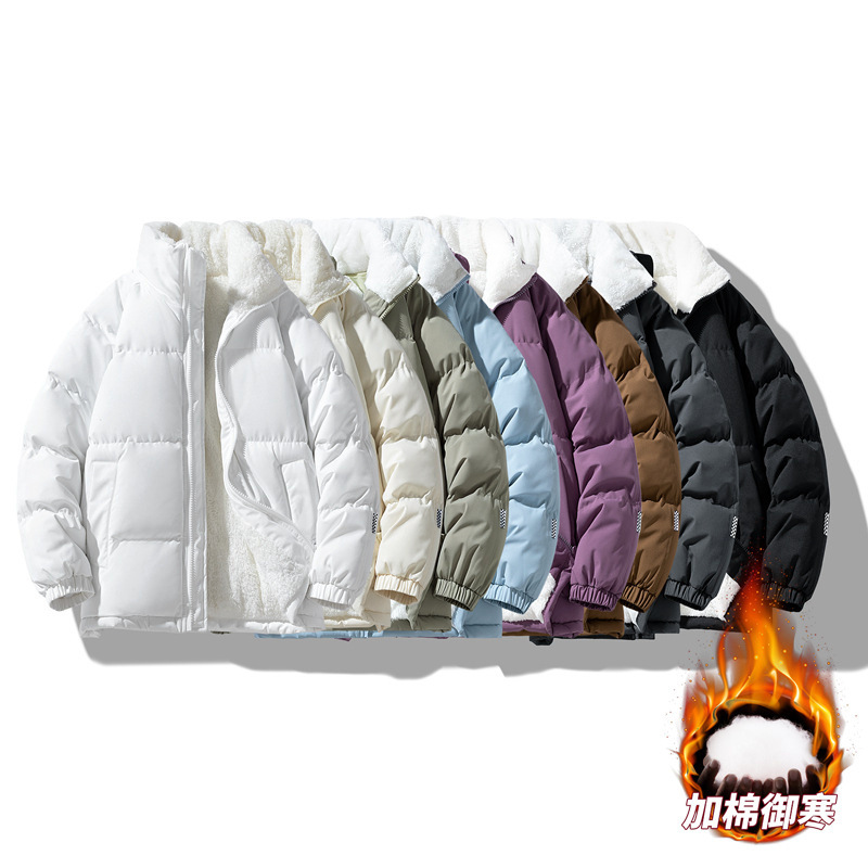 冬の子羊の綿服のダウン綿服の男性のスタンドカラーの屋外パン服の厚い保温コートのカップルの綿入れ