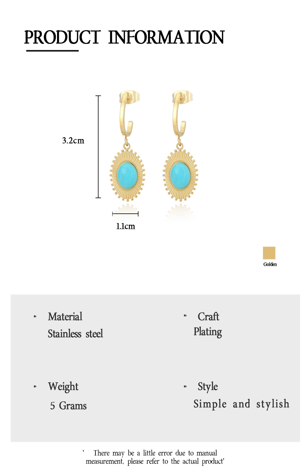 Wholesale Fashion Oval Sunflower Stainless Steel Inlaid Turquoise Earrings Nihaojewelry display picture 2