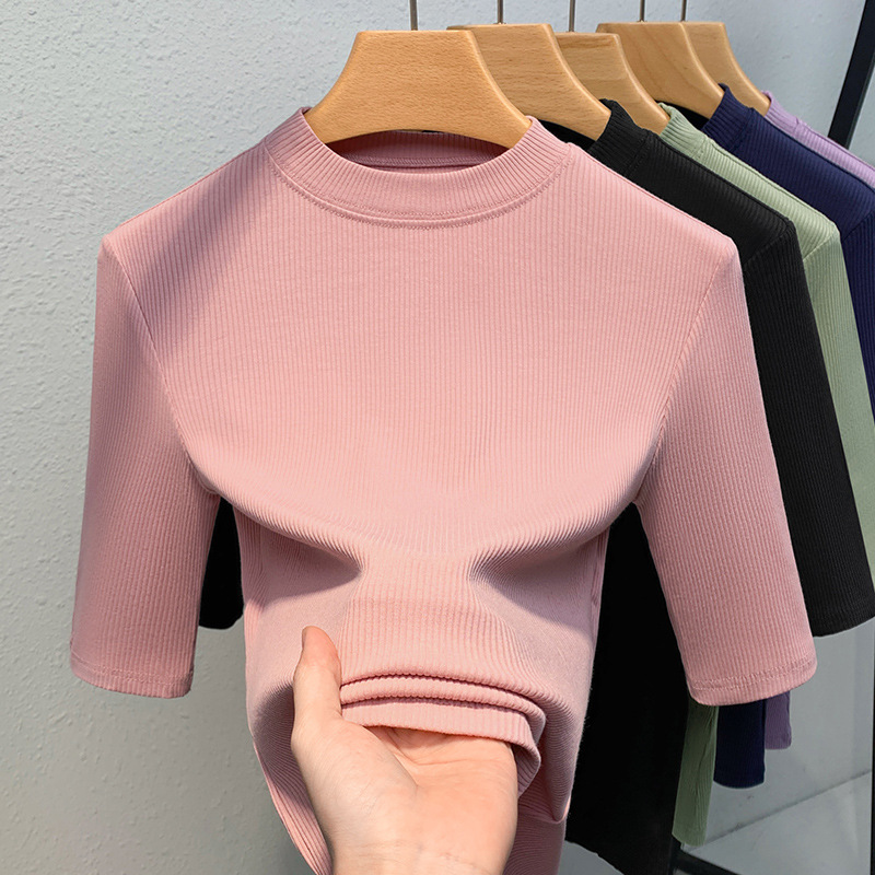 Camisa de fondo de hilo de mujer 2023 nueva camiseta de media manga de cuello alto elegante para mujer Camiseta de media manga interior elástica