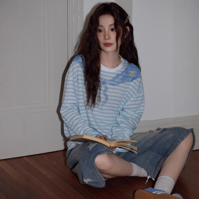Chaoshaojia Korean Blue Stripesd Sun Protection Blouse Women's Summer Lazy Loose Nautica Style Thin Long-Sleeved T-Shirt Top Chaoshaojia Korean Blue Stripesd Sun Protection Blouse Women's Summer Lazy Loose Nautica Style Thin Long-Sleeved T-Shirt Top