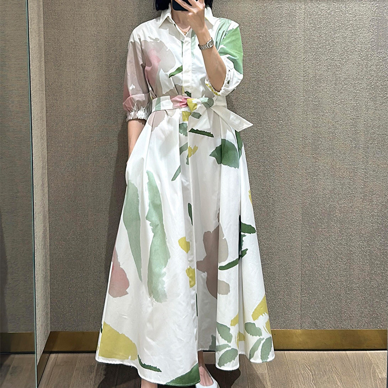MAX2025 New Cotton Poplin Printed Polo Collar Shirt dress French Tight Waist Slimming Elegant Dress MAX2025 New Cotton Poplin Printed Polo Collar Shirt dress French Tight Waist Slimming Elegant Dress