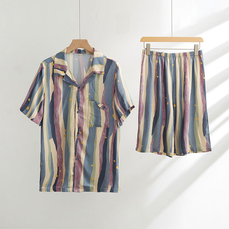 공 새틴 2507 남성용 짧은 파란색 유화 줄무늬