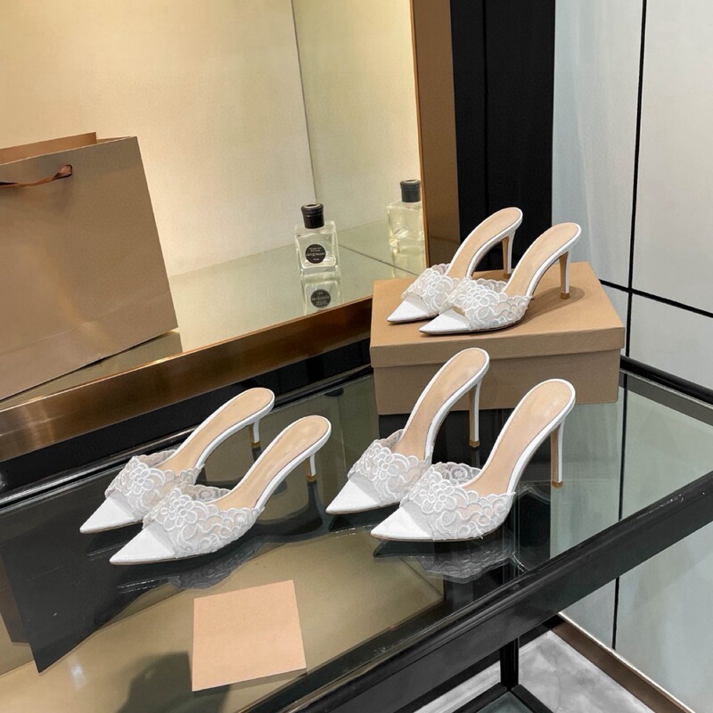 2024 Spring/Summer Pointed Toe Embroidered Lace Open-Toe Stiletto High Heel Mules European and American Style Half-Slipper, Slip-On Mules