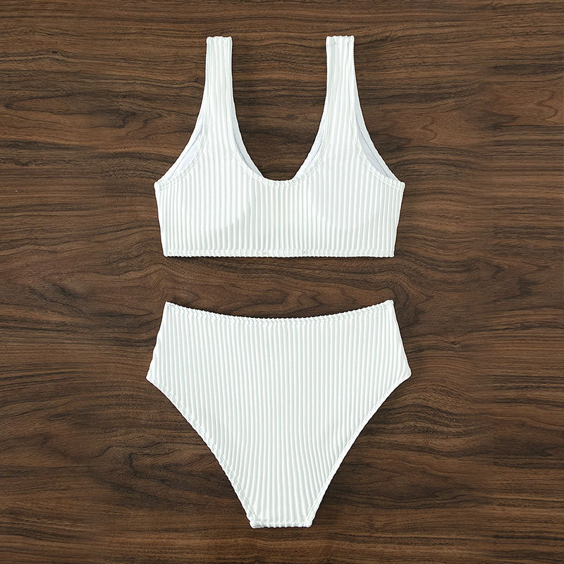 2024新款歐美性感純色高腰比基尼 亞馬遜沙灘分體泳衣女泳裝批發