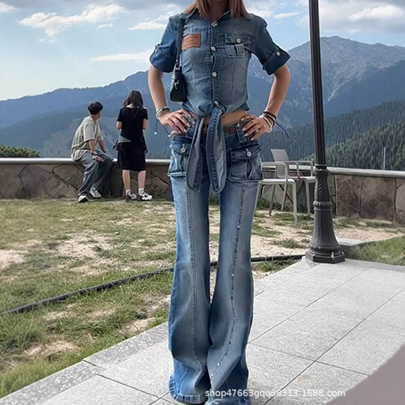 Designed Millennial Hot Girl Low Waist Micro Flared Jeans Women's Three-Dimensional Pocket Slim Trousers Lapel Top Suit