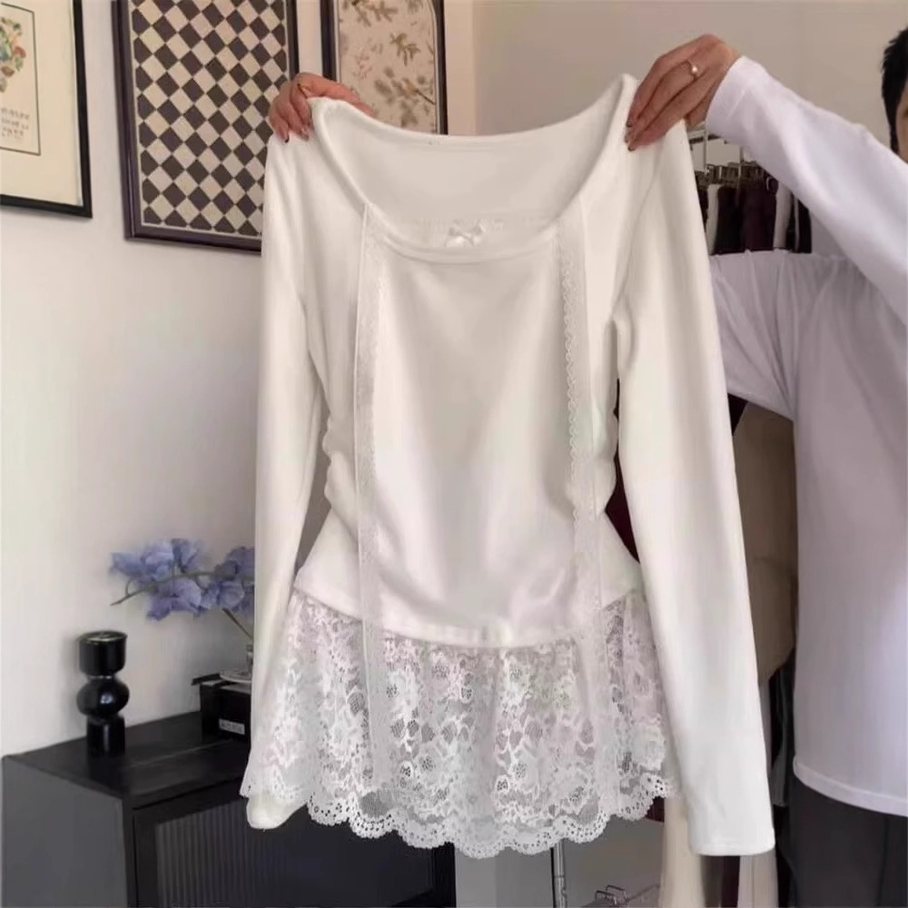 专柜撤回~剪标专柜蕾丝挂脖白色t恤女长袖春辣妹不规则修身打底衫