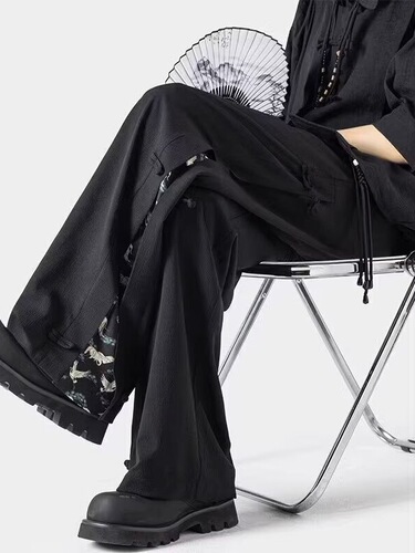 Modern Chinese Style National Flavor Disc Belt Pants for Men - Summer New Arrival - Sensual Drape - Loose Straight Leg Wide Leg Casual Long Pants