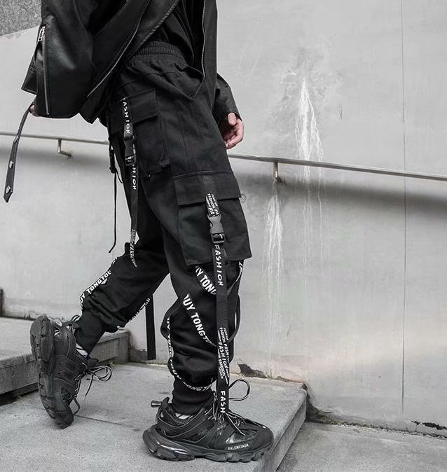 Ins pants loose ribbon nine part overalls men's Korean fashion brand hip-hop Harun leggings_voghion.com
