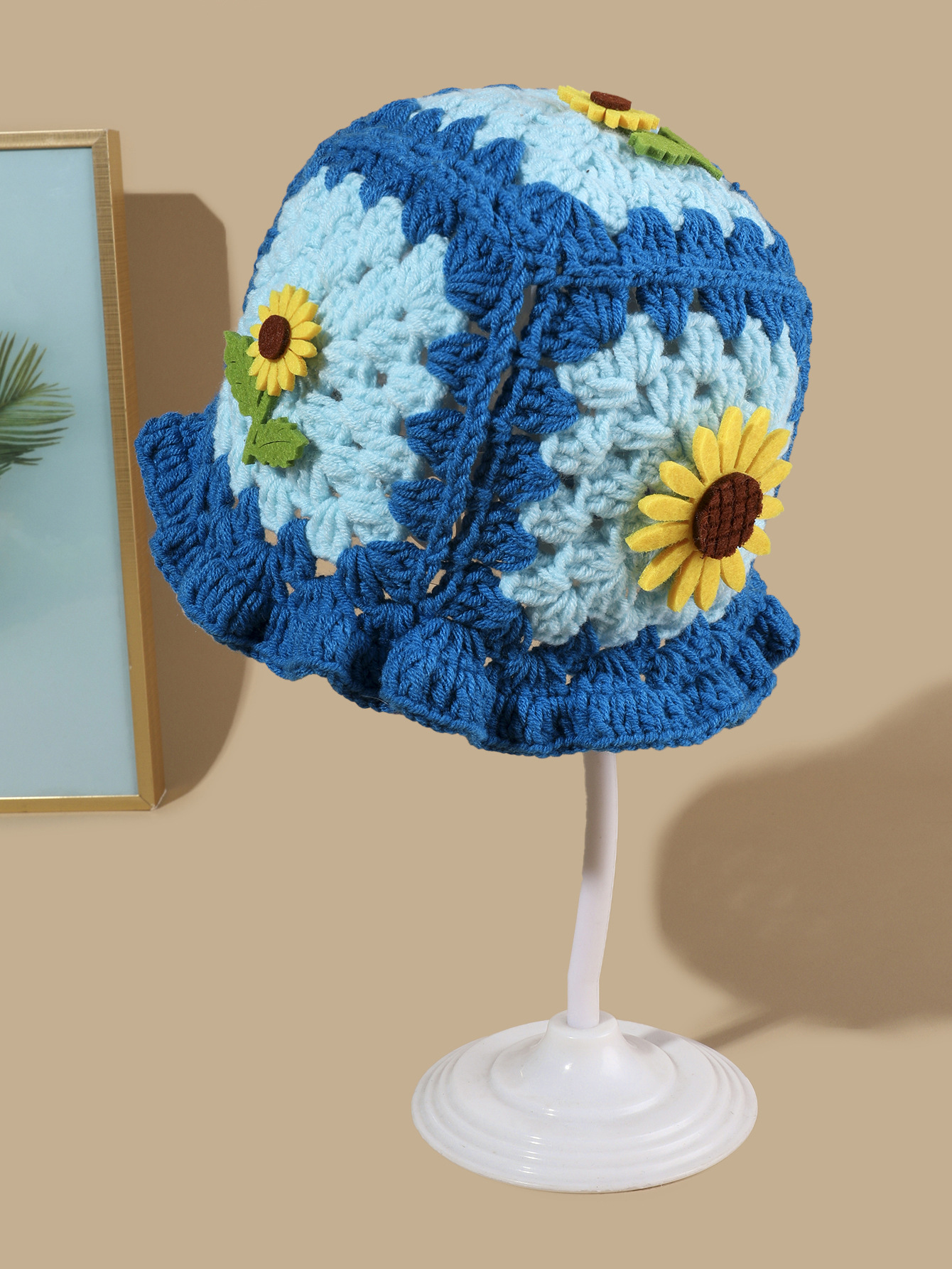Cappello da pescatore con girasole tessuto a mano, autunno e inverno, carino cappello infantile con bordo a fungo, in lana all'uncinetto_voghion.com