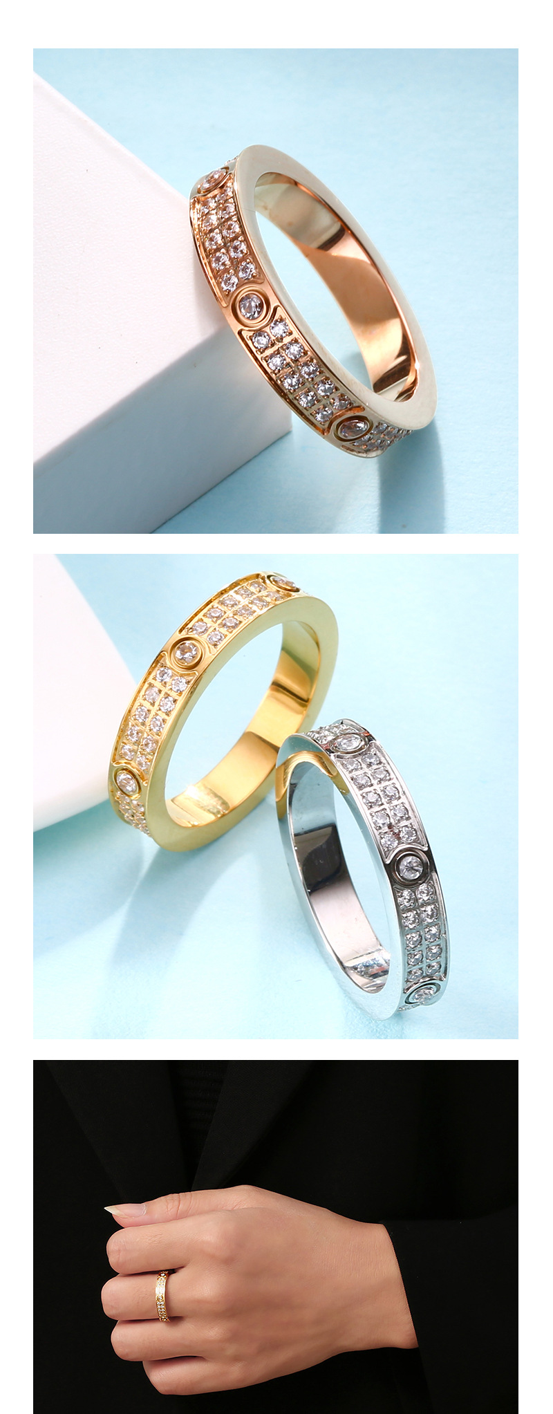 Double Row Diamond Ring For Women Stainless Steel Titanium Jewelry_voghion.com