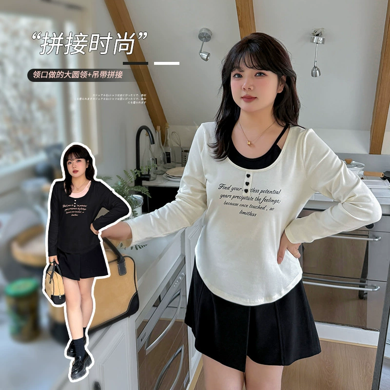 Yino большой размер женский подтяжка поддельные две футболки с длинными рукавами 2025 весна новый тонный нижний топ 131947