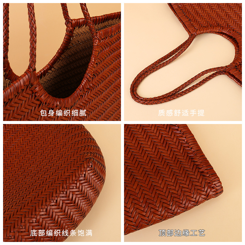French Vintage Cowhide Woven Bag 2025 New Arrival Niche Curved Opening Market Basket Bag Large Capacity Genuine Leather Tote Bag For Women - Thumbnail 4