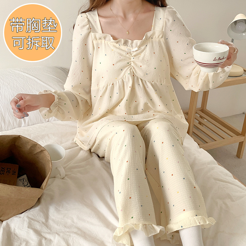 Más tamaño de manga larga pijamas de las mujeres tejidas con volantes con cuello en V Jersey de algodón de otoño e invierno dulce ropa de casa casual con el pecho pad traje