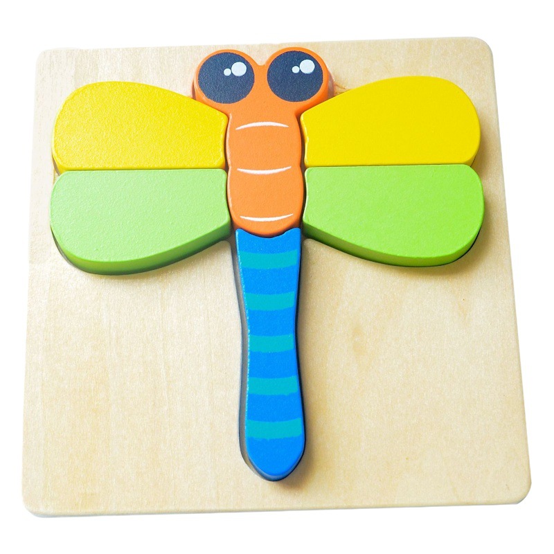 Niños educativos de madera tridimensional cachorro pez libélula tren avión rompecabezas niños y niñas rompecabezas plano hecho a mano