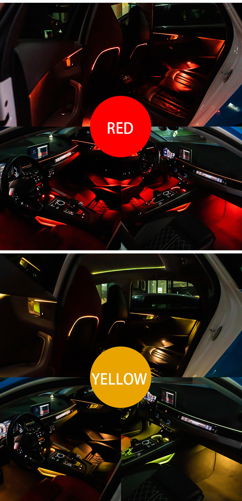 Thuning-free car atmosphere lamp optical fiber line cold light 64 color car atmosphere lamp APP control application
