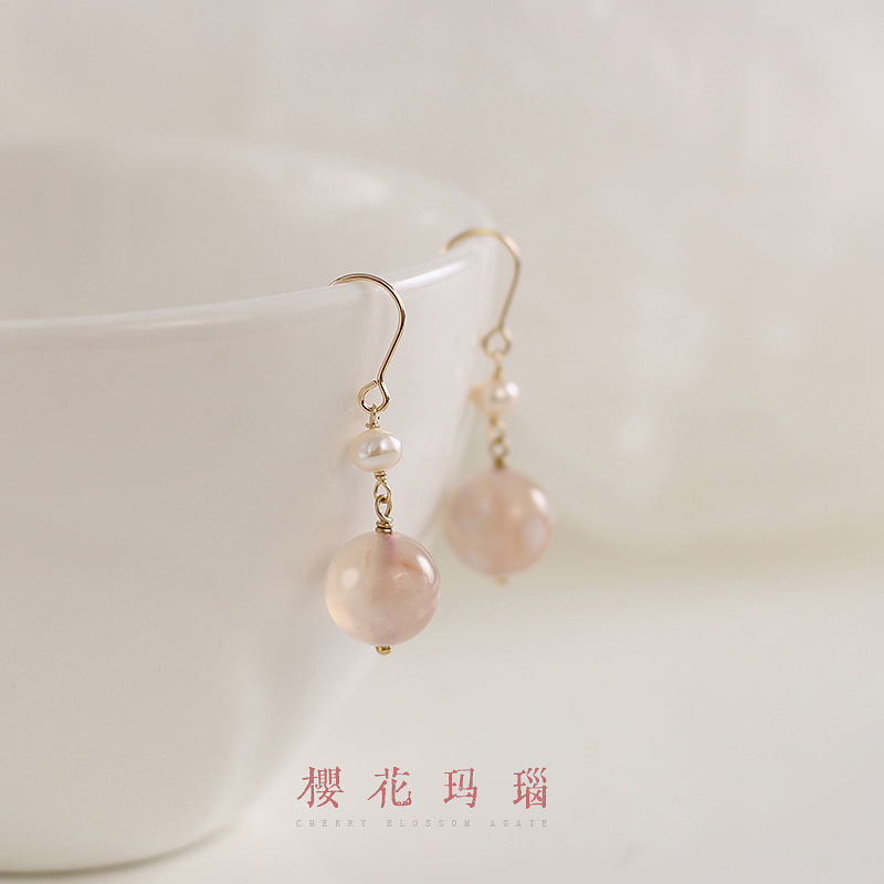 原創天然珍珠櫻花瑪瑙耳環女個性古風小眾設計感耳墜14K包金輕奢