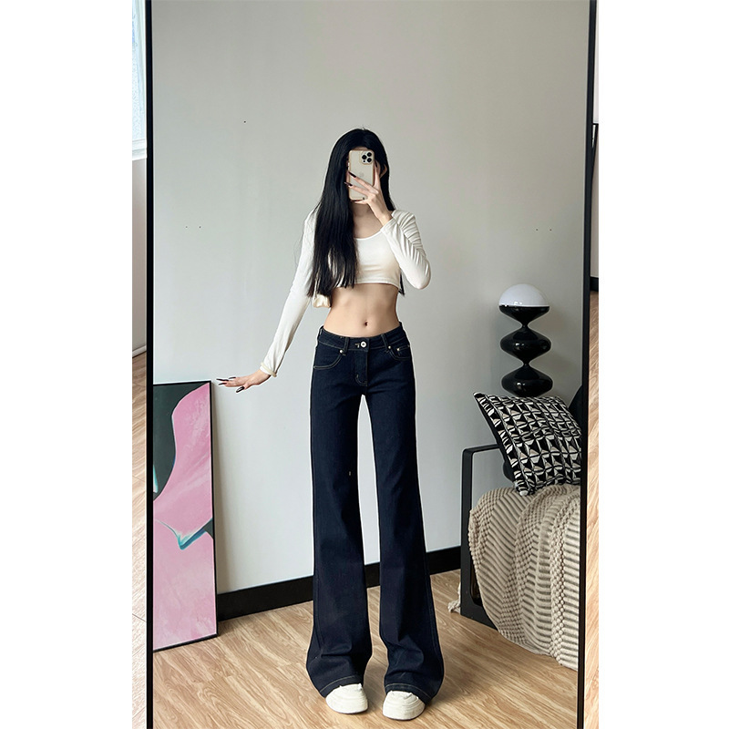 2026 Spring and Autumn High-Waisted American Retro Dark Blue Jeans for Tall Women, Slimming, Floor-Length, Loose Fit, Slightly Flared Pants