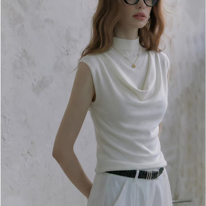 French-Style White Half-High Collar Sleeveless Knit Top for Women, Summer Design, Light and Mature, Slim Fit, Breathable, Thin Top French-Style White Half-High Collar Sleeveless Knit Top for Women, Summer Design, Light and Mature, Slim Fit, Breathable, Thin Top