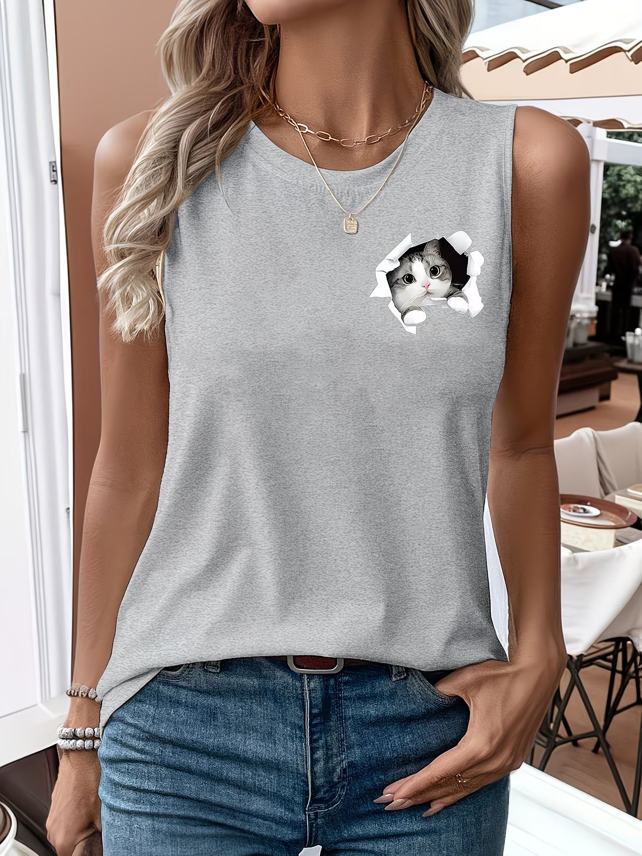Women's Clothing Summer Cute Cat Print Vest T-Shirt Women's Clothing Top European American Style A12 Print_ecoleips.com
